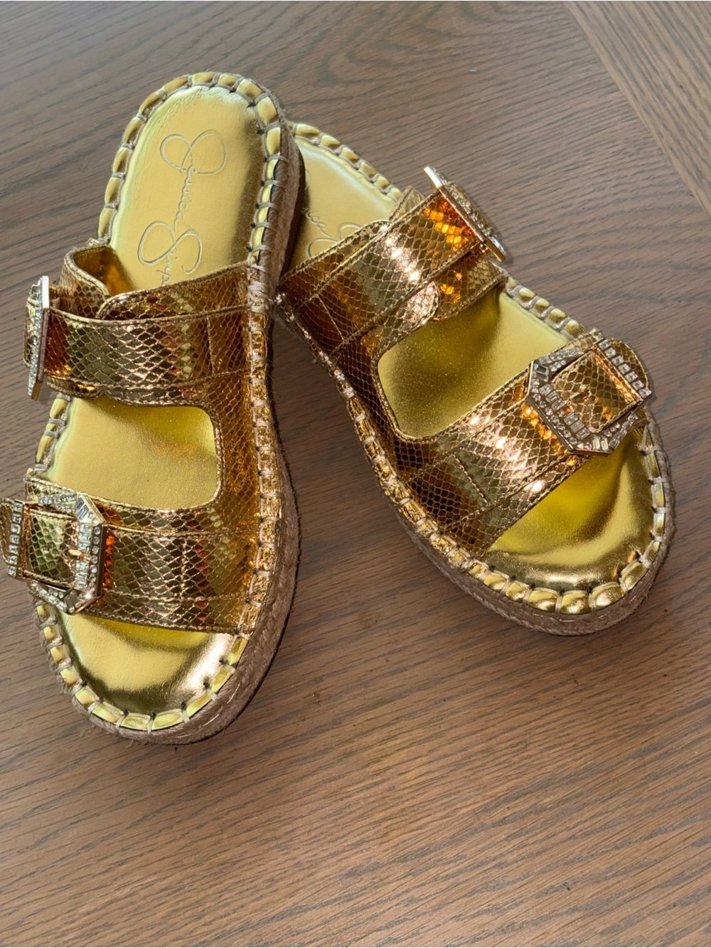 JESSICA SIMPSON WESTERN REPTILE GOLD COLOR W/ SPARKLING STONES SLIDES  7 1/2